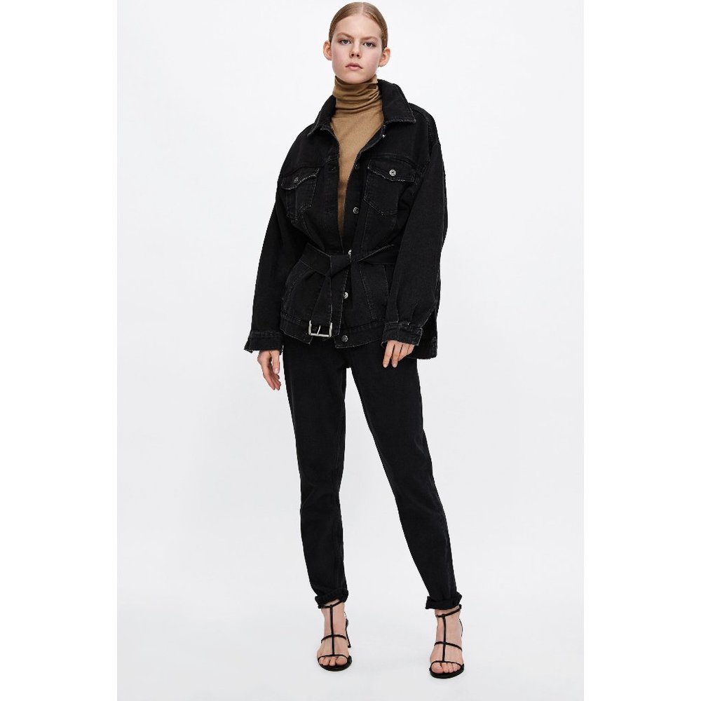 Zara Z1975 Oversized Black Denim Jacket w Belt